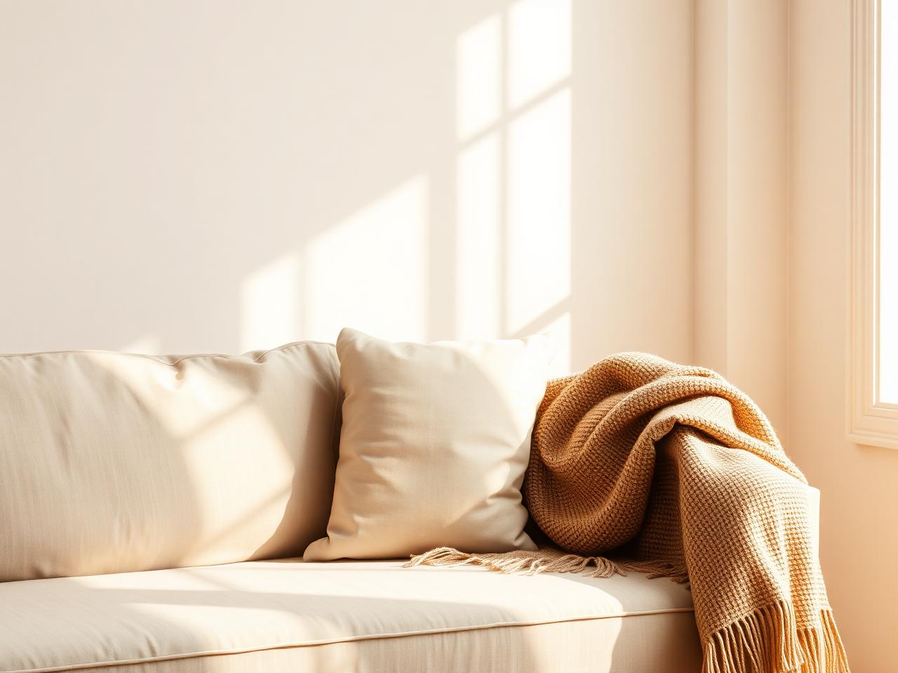 A linen sofa with a woven throw in warm natural light