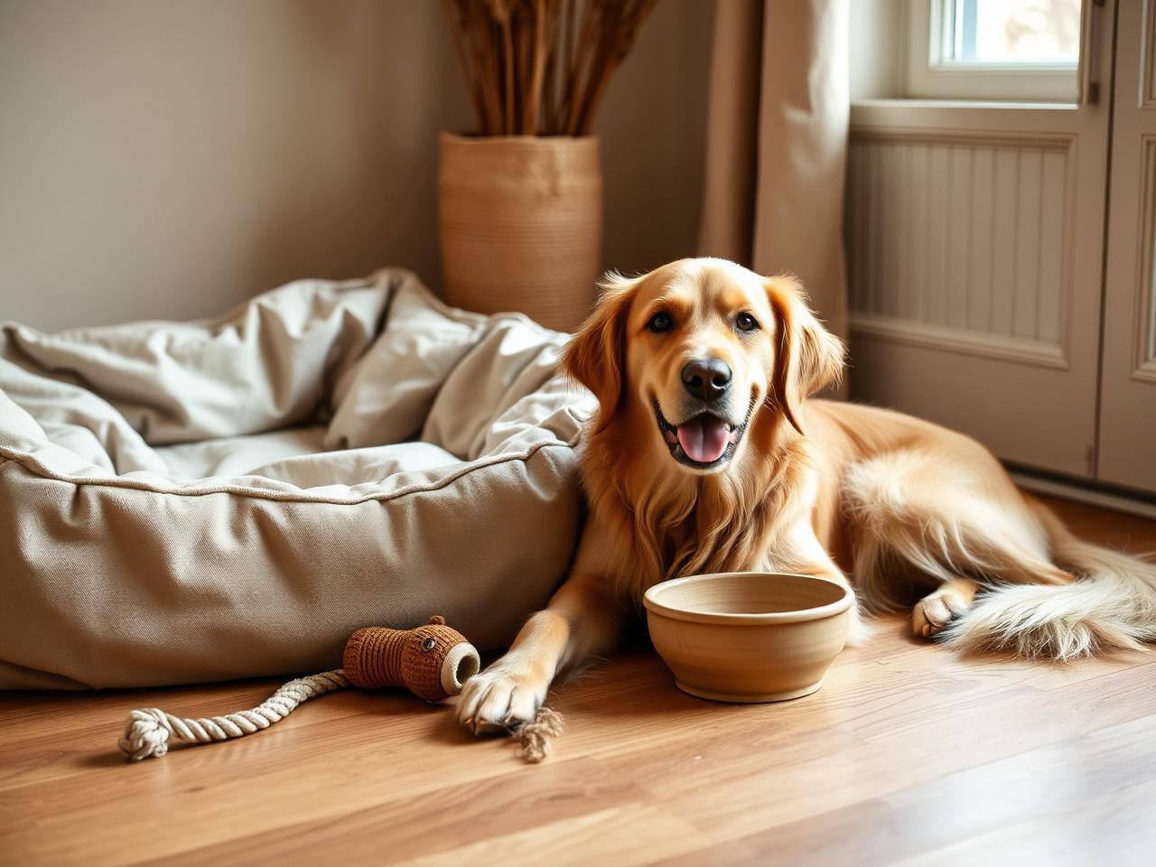 A golden retriever resting beside a canvas dog bed and rope toy
