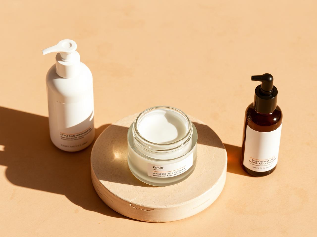 Unbranded skincare bottles and a glass jar on a warm stone surface