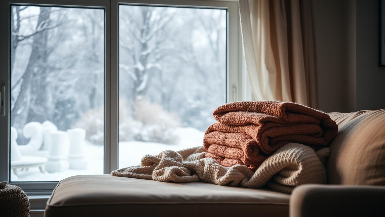 Folded blankets on a sofa with a snowstorm outside the window